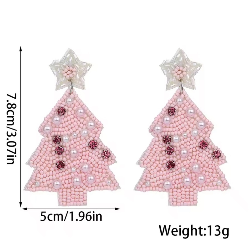 Pink Sparkle Christmas Earrings – Tree Shape Beaded Design - Picture 4 of 4